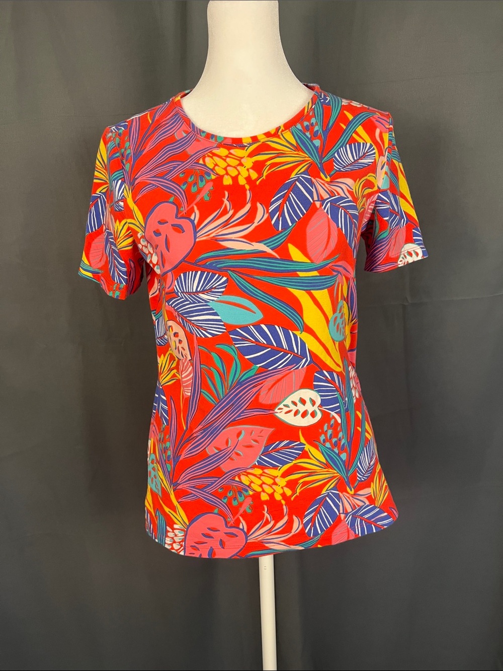 Talbots Women's Tropical Print Short Sleeve Top - Bright orange